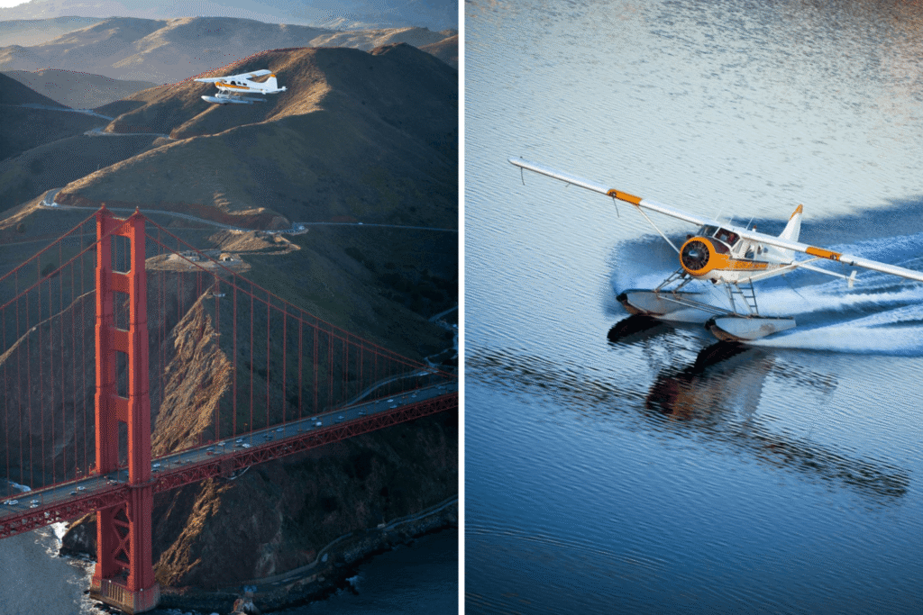 GoCar Tours | Sightseeing & Story Telling Car Muir Woods Tour from San Francisco: The Ultimate Land, Sea & Air Day Trip 4 two photos of a seaplane tour; on the left a plane flies over/near the golden gate bridge and on the right a seaplane lands on the water