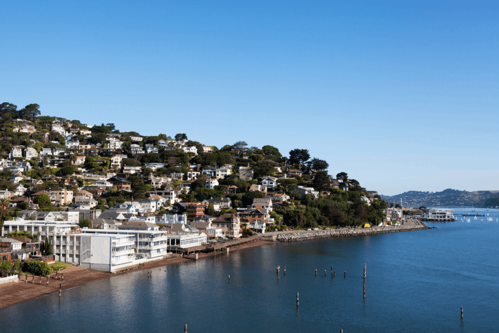 GoCar Tours | Sightseeing & Story Telling Car Muir Woods Tour from San Francisco: The Ultimate Land, Sea & Air Day Trip 3 shoreline of sausalito, a charming coastal town across the bay from san francisco on the way to muir woods