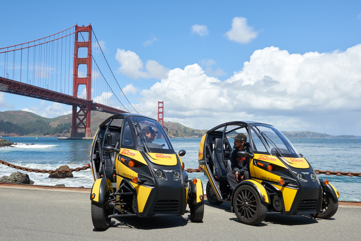 best views of san francisco two go cars with the golden gate bridge in the background