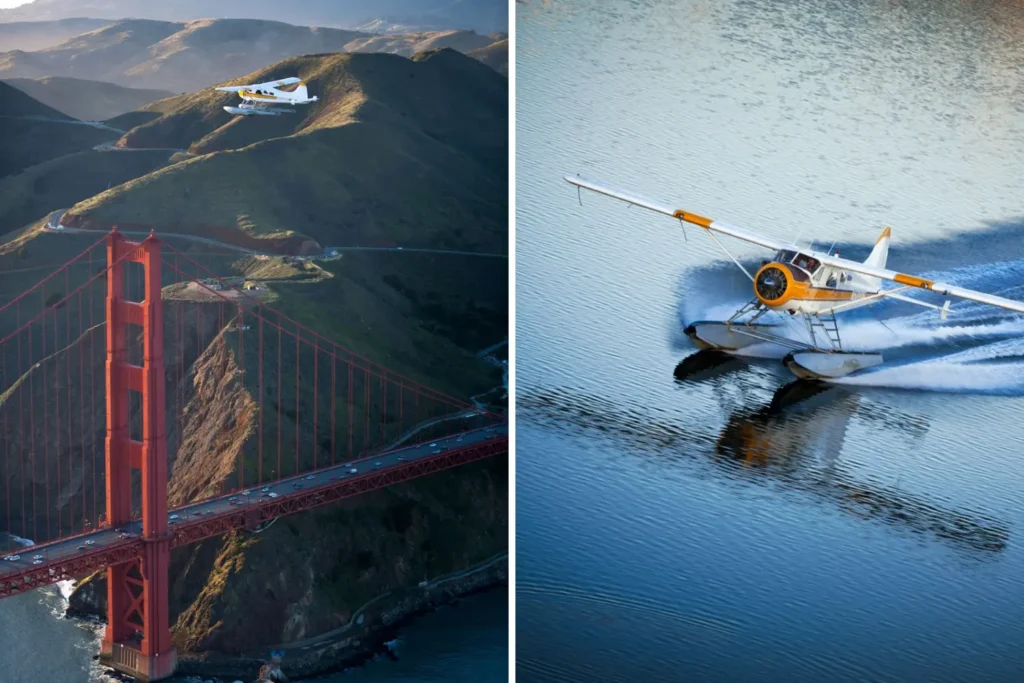 two photos of a seaplane tour; on the left a plane flies over/near the golden gate bridge and on the right a seaplane lands on the water